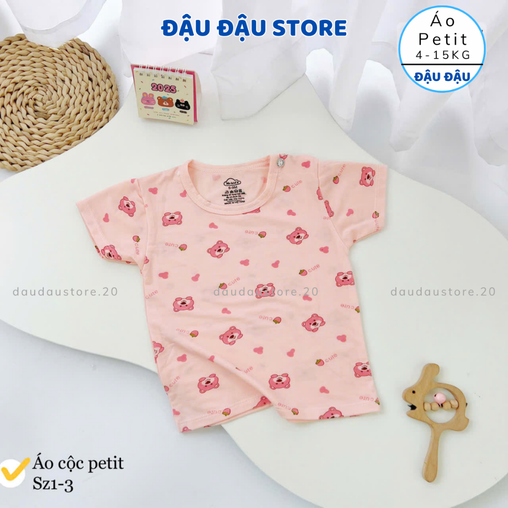 (Set 3 - 5) Áo cài vai cộc tay thun petit cho bé trai gái 5-15kg phối màu mềm mịn mát in hoạ tiết AL12 Đậu Đậu Store