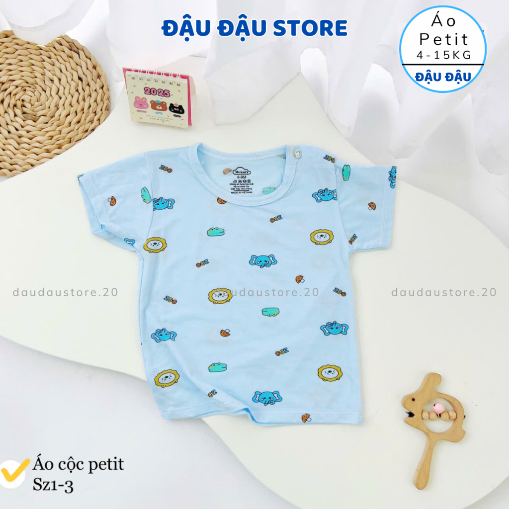 (Set 3 - 5) Áo cài vai cộc tay thun petit cho bé trai gái 5-15kg phối màu mềm mịn mát in hoạ tiết AL12 Đậu Đậu Store