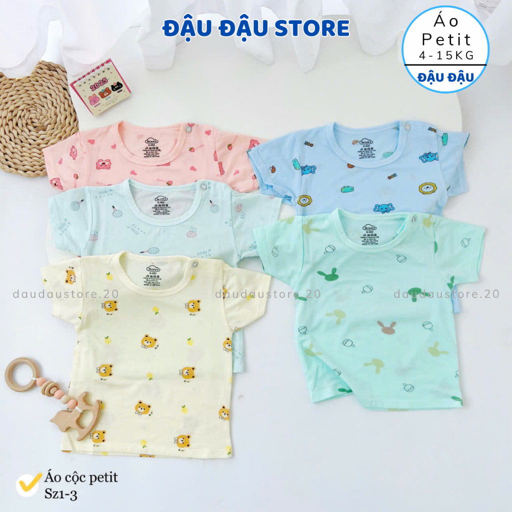 (Set 3 - 5) Áo cài vai cộc tay thun petit cho bé trai gái 5-15kg phối màu mềm mịn mát in hoạ tiết AL12 Đậu Đậu Store