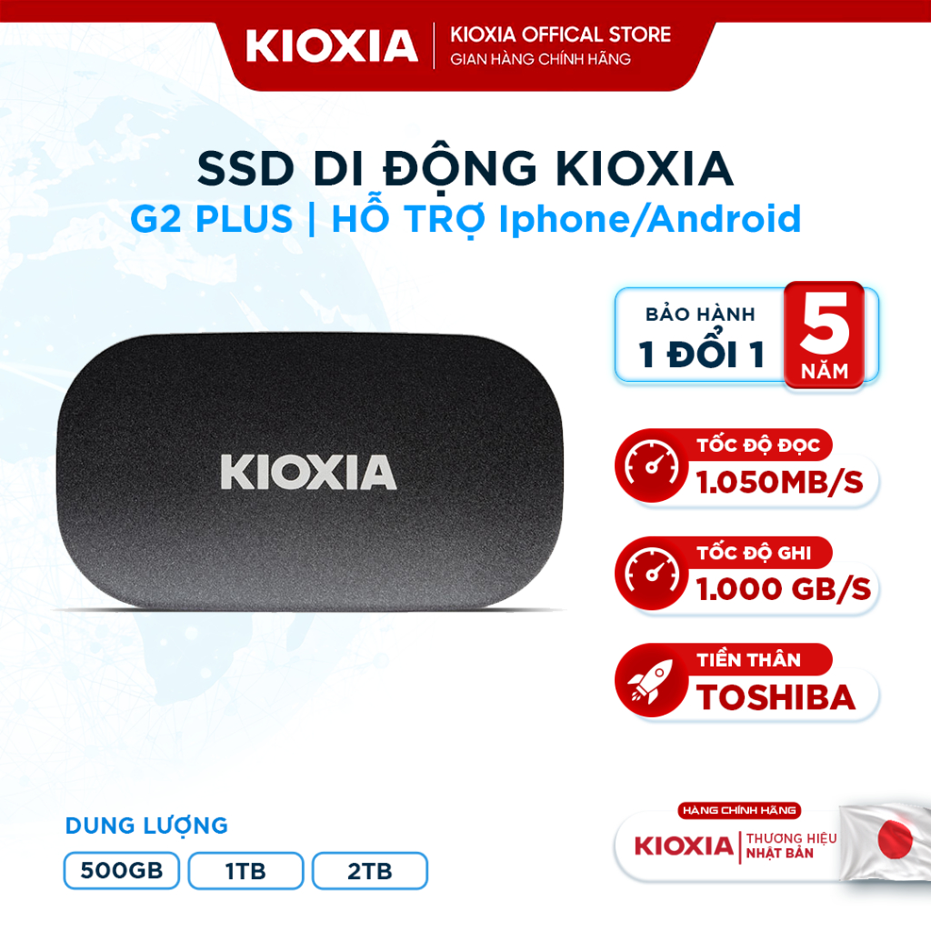 Ổ Cứng SSD Di Động KIOXIA PLUS G2 Dluong 500GB / 1TB / 2TB đọc 1050mbs / ghi 1000MBs - BH 5 Năm