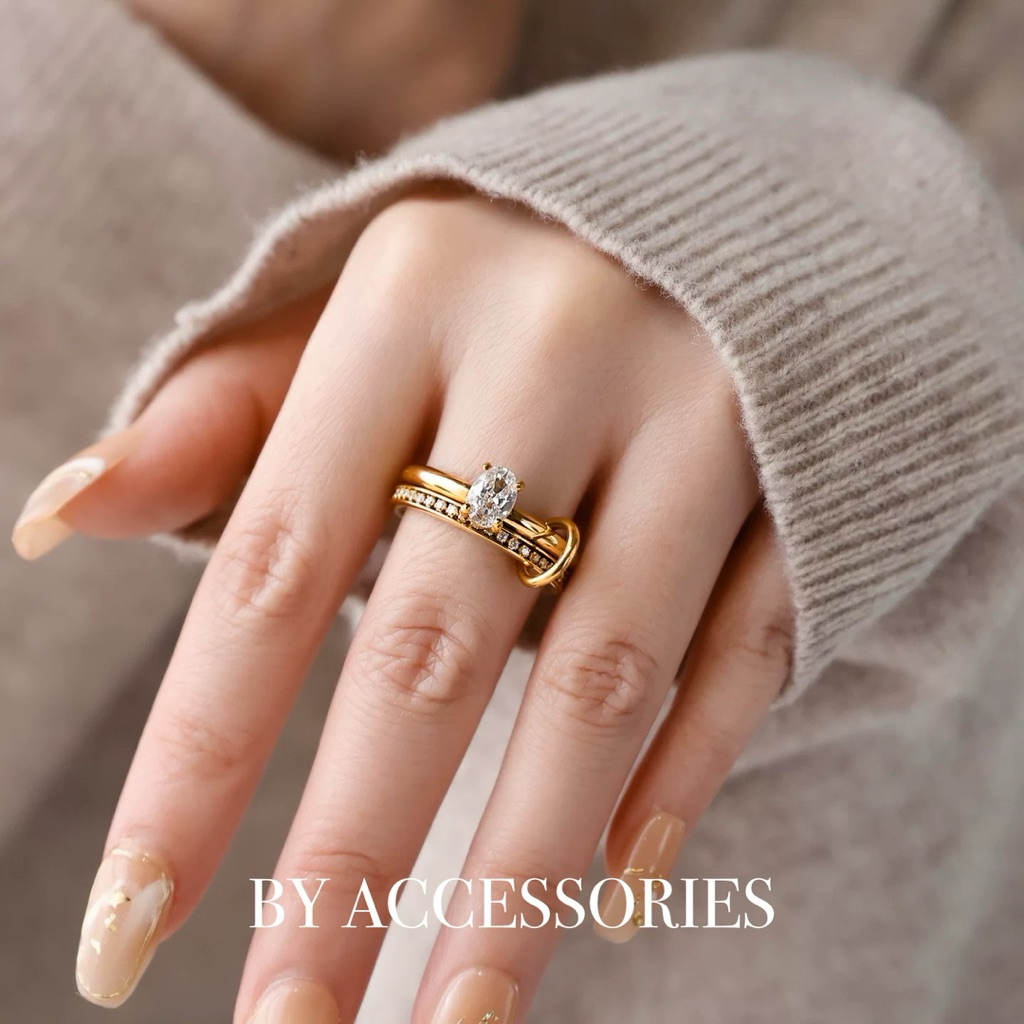 Nhẫn nữ titan kết đôi khảm full vòng đá và đính một viên đá lấp lánh không gỉ WR2647 BY ACCESSORIES