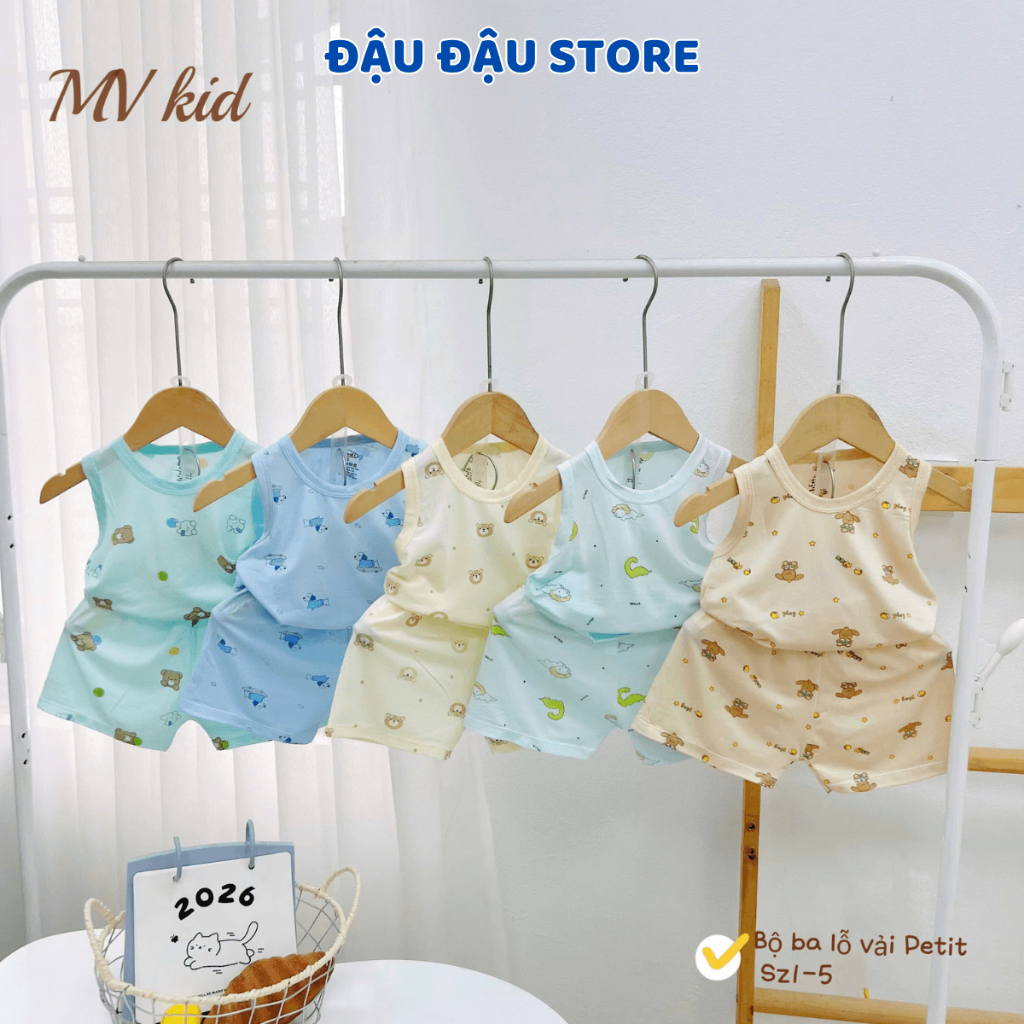 Set 2/3 bộ ba lỗ màu thun petit sơ sinh in hoạ tiết mềm mịn cho bé trai gái size 4 -14 kg MV-BL06M Đậu Đậu Store