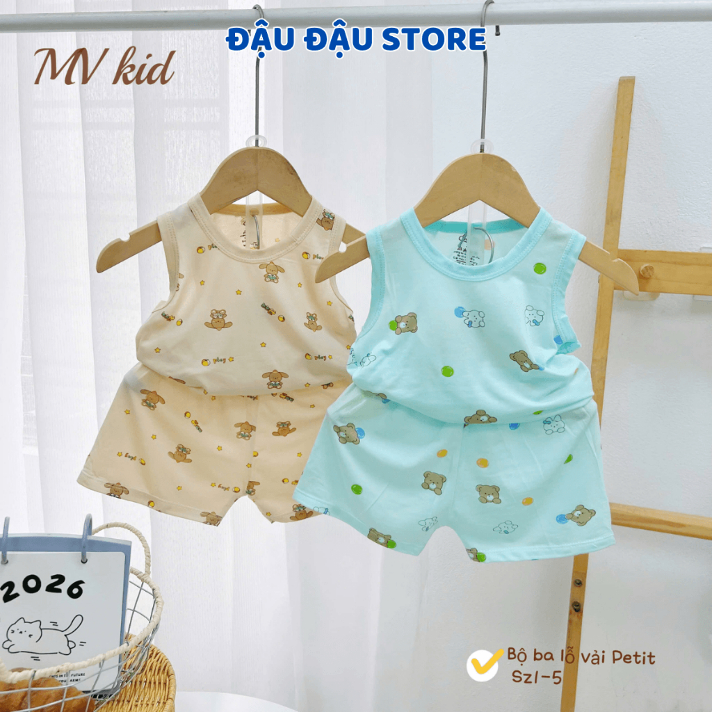 Set 2/3 bộ ba lỗ màu thun petit sơ sinh in hoạ tiết mềm mịn cho bé trai gái size 4 -14 kg MV-BL06M Đậu Đậu Store
