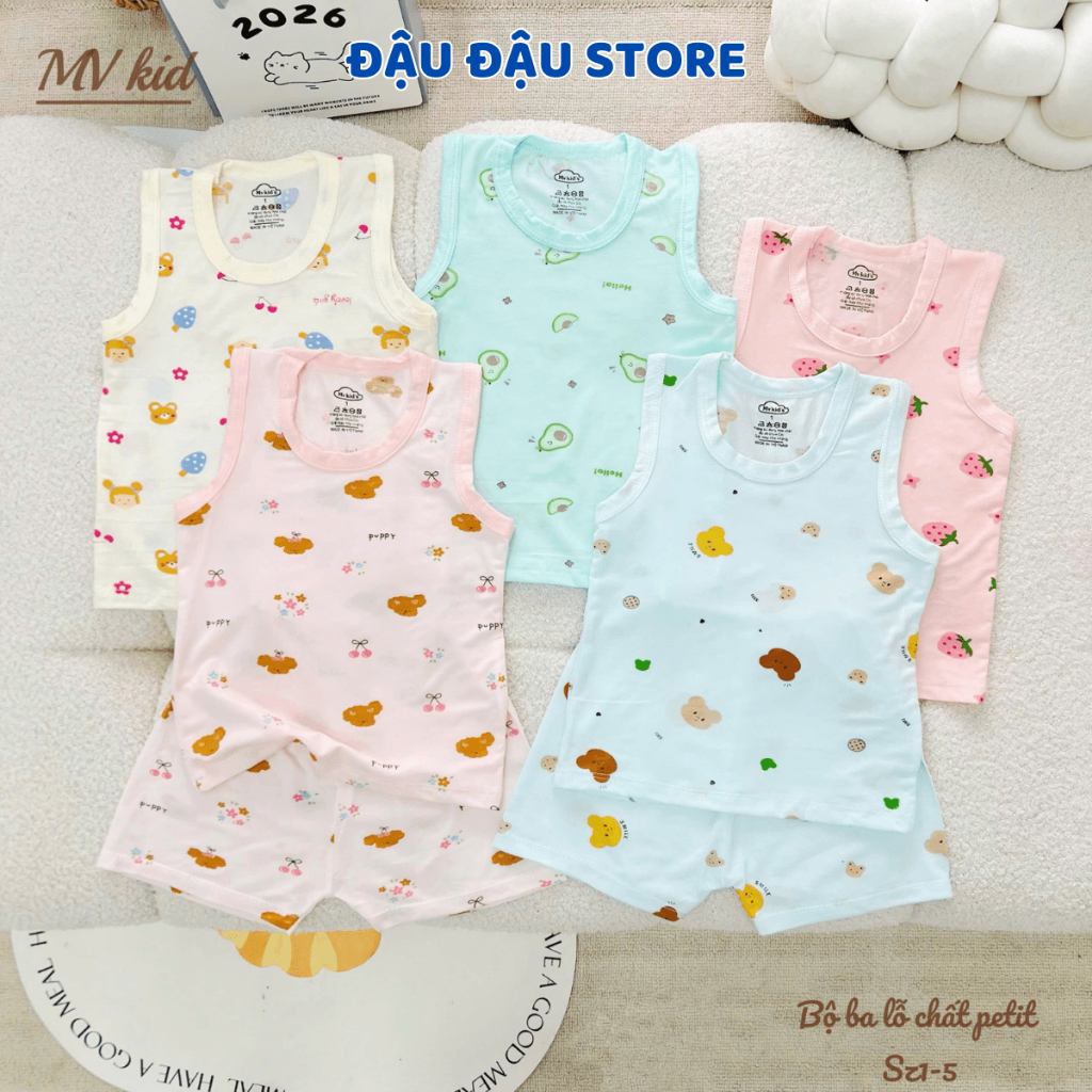 Set 2/3 bộ ba lỗ màu thun petit sơ sinh in hoạ tiết mềm mịn cho bé trai gái size 4 -14 kg MV-BL06M Đậu Đậu Store