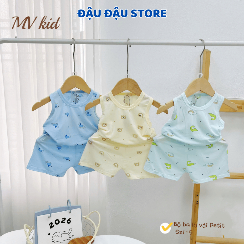 Set 2/3 bộ ba lỗ màu thun petit sơ sinh in hoạ tiết mềm mịn cho bé trai gái size 4 -14 kg MV-BL06M Đậu Đậu Store