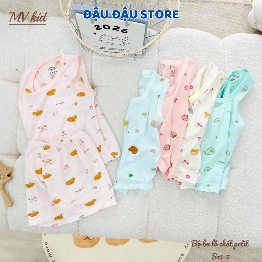 Set 2/3 bộ ba lỗ màu thun petit sơ sinh in hoạ tiết mềm mịn cho bé trai gái size 4 -14 kg MV-BL06M Đậu Đậu Store