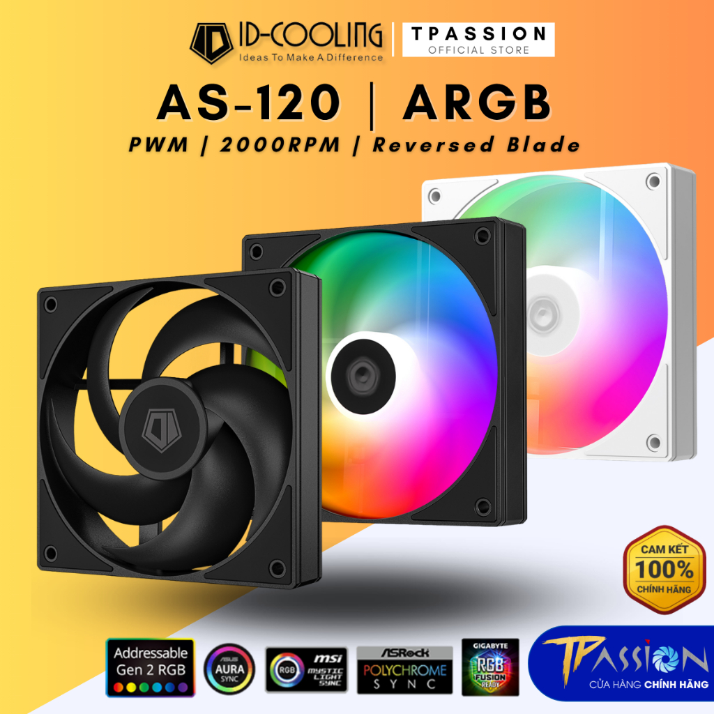 Quạt Fan Case 12cm ID-COOLING AS - 120 K /  BLACK/WHITE LED ARGB - Chính hãng, tản nhiệt tốc 2000RPM | BigBuy360 - bigbuy360.vn