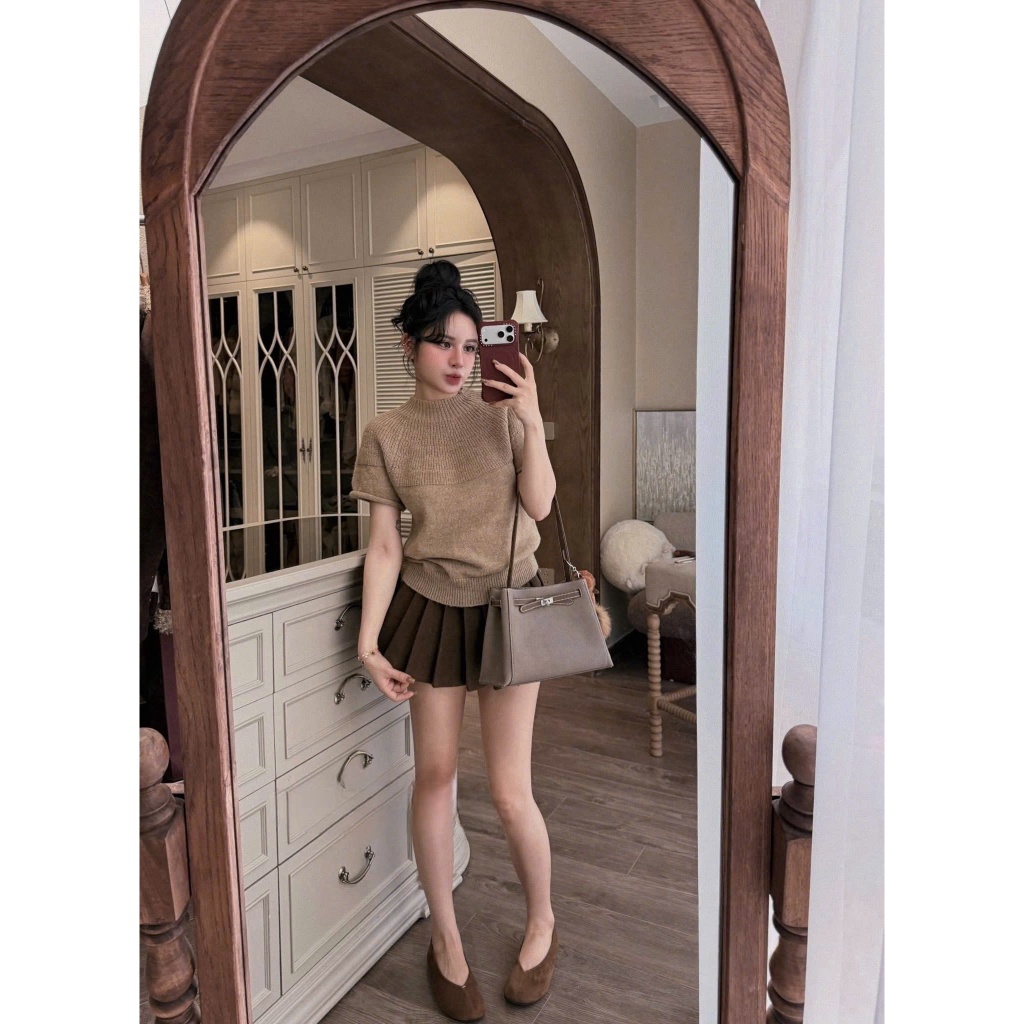 ( Hàng QC sẵn hàng , Có Bán Lẻ ) Sét Bộ Mùa Hè Áo len mỏng Nữ cộc tay form vừa mix chân váy xếp ly MS582