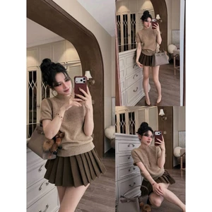 Sét Bộ Mùa Hè Áo len mỏng Nữ cộc tay form vừa mix chân váy xếp ly MS582
