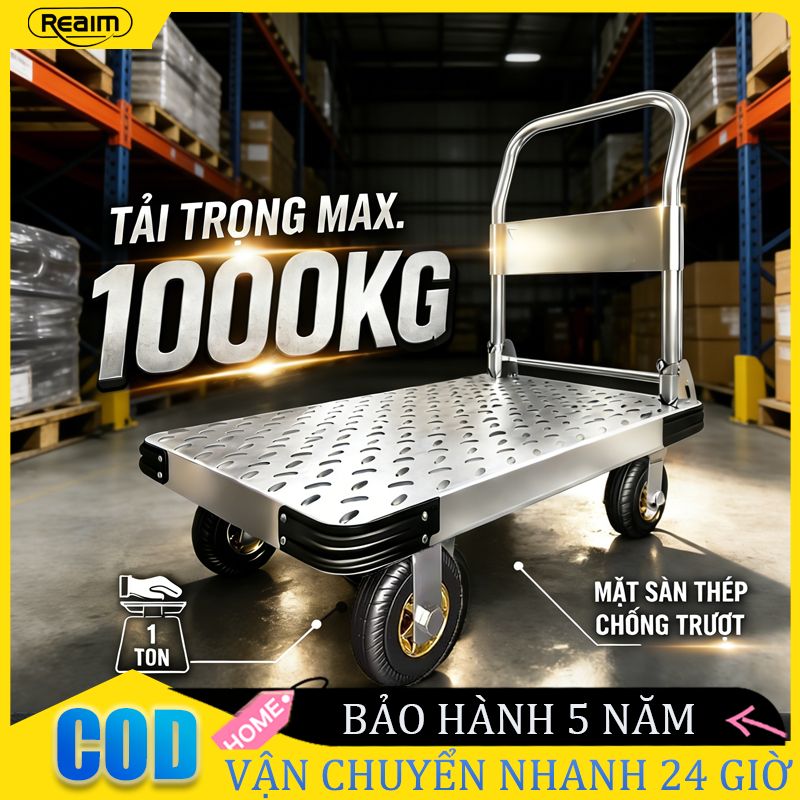 Xe Đẩy Hàng Xe Kéo Hàng REAIM Thép Bánh xe chống ồn Tải Trọng 1000kg Gấp Gọn Tiện Lợi  Dùng cho kho hàng