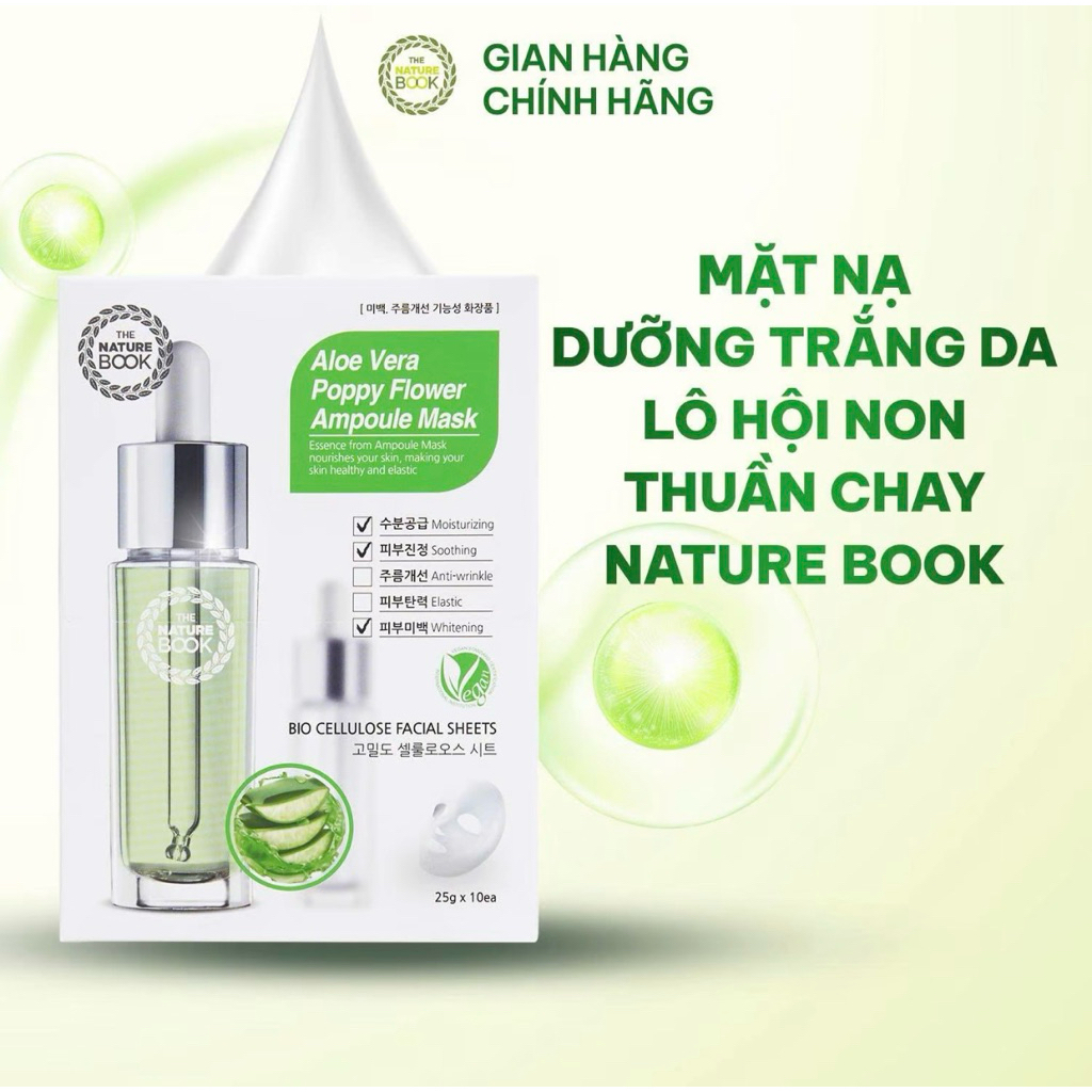 1 Miếng Mặt Nạ Dưỡng Trắng Da Lô Hội The Nature Book 25g Làm Dịu, Cấp Ẩm Sâu, Thuần Chay Lành Tính
