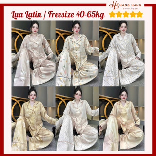 Bộ đồ ngủ nữ pijama 40-65kg dài tay cổ vest nút đôi kèm cột tóc lụa latin cao cấp 65DD03 đồ bộ nữ đồ mặc nhà sang chảnh