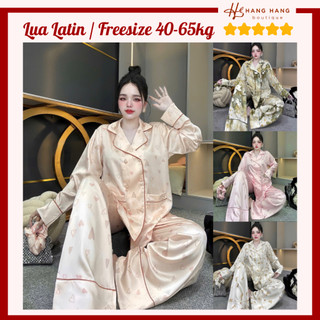 Bộ đồ ngủ nữ pijama 40-65kg dài tay cổ vest nút đôi kèm cột tóc lụa latin cao cấp 65DD03 đồ bộ nữ đồ mặc nhà sang chảnh