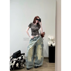 Quần jeans suông rộng mài túi hộp