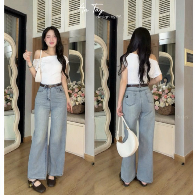 Quần Jean Nữ Ống Suông Thêu Thỏ Cạp Cao, Quần Bò Nữ Suông Rộng 2 Độ Dài 95cm & 102cm Hack Dáng Cực Xinh #8468 8469 8470