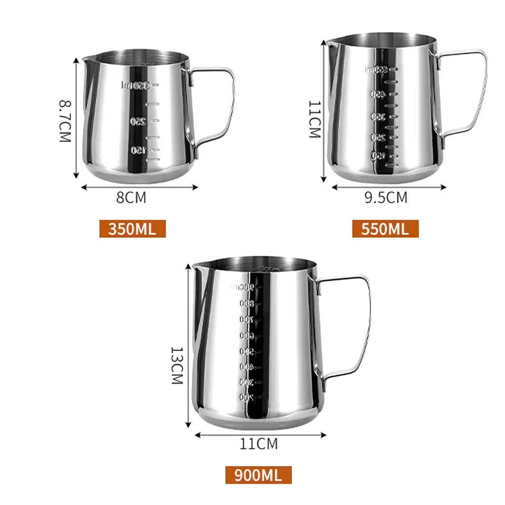 Ca Đánh Sữa Inox Có Vạch Chia 350ml 550ml 900ml Ca Tạo Bọt Latte Art Dụng Cụ Pha Chế Barista