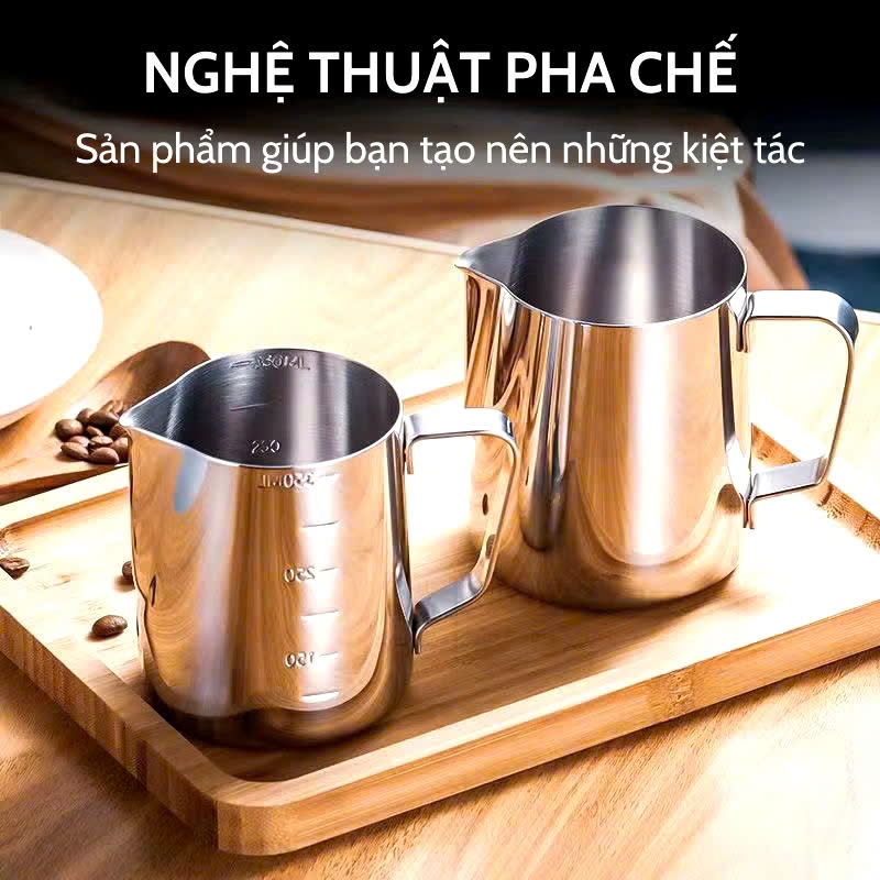 Ca Đánh Sữa Inox Có Vạch Chia 350ml 550ml 900ml Ca Tạo Bọt Latte Art Dụng Cụ Pha Chế Barista