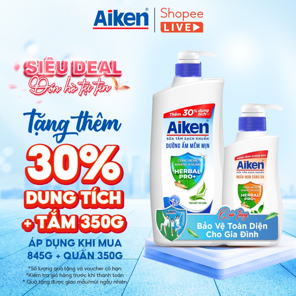 Sữa tắm sạch khuẩn Aiken thảo mộc dưỡng ẩm mềm mịn/ ngừa mụn sáng da 845G - Live