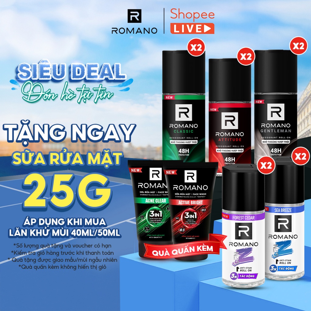 [DEBUT T5] Combo 2 Lăn khử mùi nam ngăn vệt ố vàng Romano Gen Z / kháng khuẩn & khô thoáng ( 40ml / 50ml / 65ml x 2 ) -