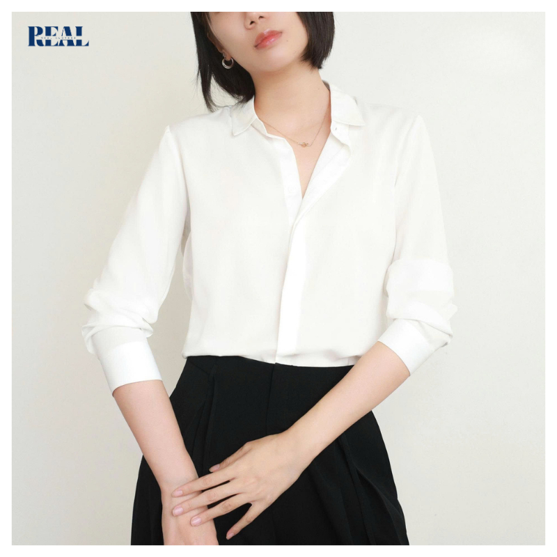 Sơ mi lụa trơn dáng suông REAL CLOTHES (tổng hợp màu), mềm mát, ít nhăn
