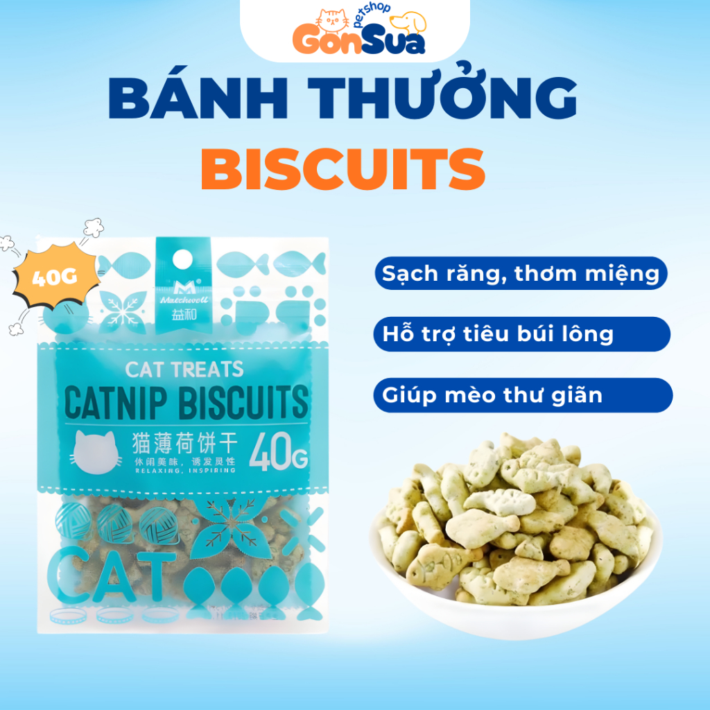 Bánh Thưởng Catnip Biscuits Dạng Bánh Quy Hình Con Cá Giúp Tiêu Búi Lông Cho Mèo gói 40gr