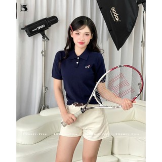 Áo len tăm nữ ngắn tay thời trang cổ cúc trước ngực thêu hình cún vằn đen dễ thương trẻ trung Twentyfive Fashion 6896
