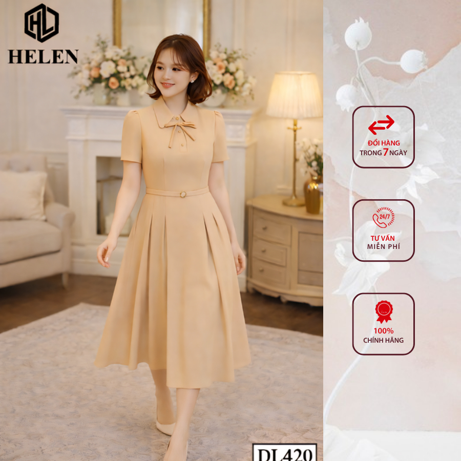 Đầm công sở HELEN thiết kế dáng xòe xòe nâu cổ đức eo đai DL420