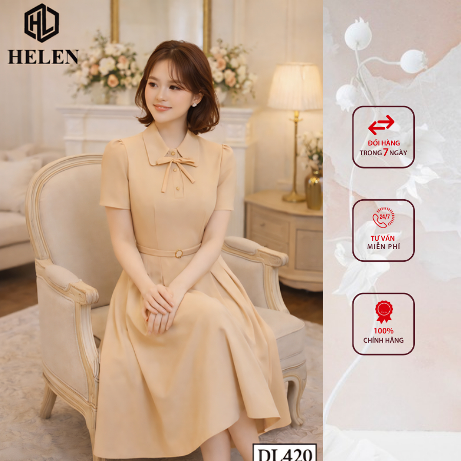 Đầm công sở HELEN thiết kế dáng xòe xòe nâu cổ đức eo đai DL420