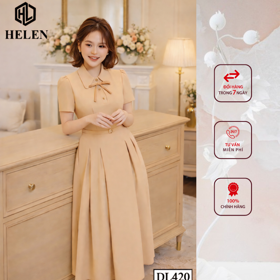 Đầm công sở HELEN thiết kế dáng xòe xòe nâu cổ đức eo đai DL420