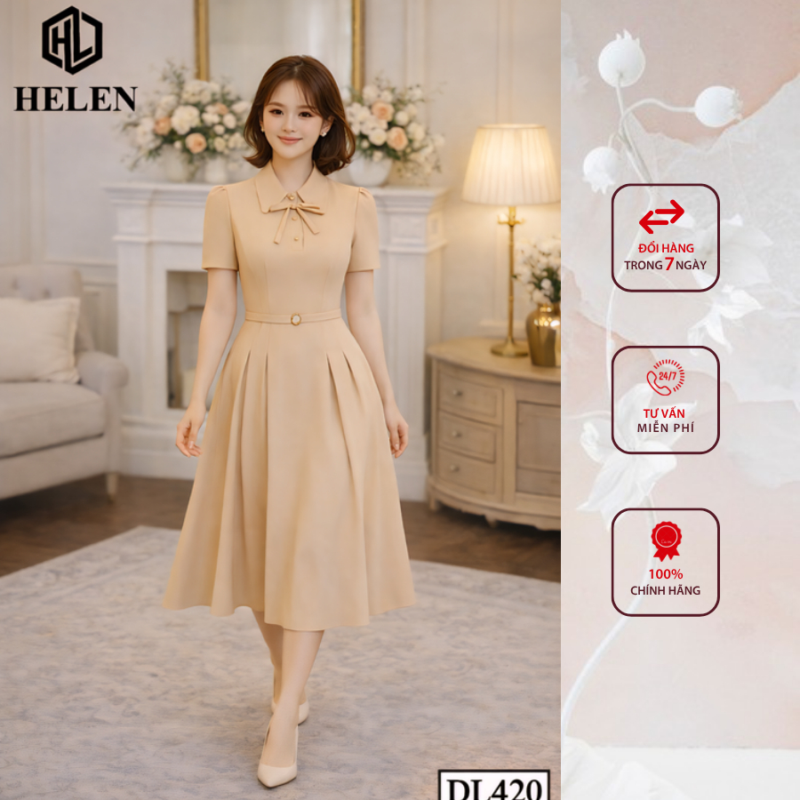 Đầm công sở HELEN thiết kế dáng xòe xòe nâu cổ đức eo đai DL420