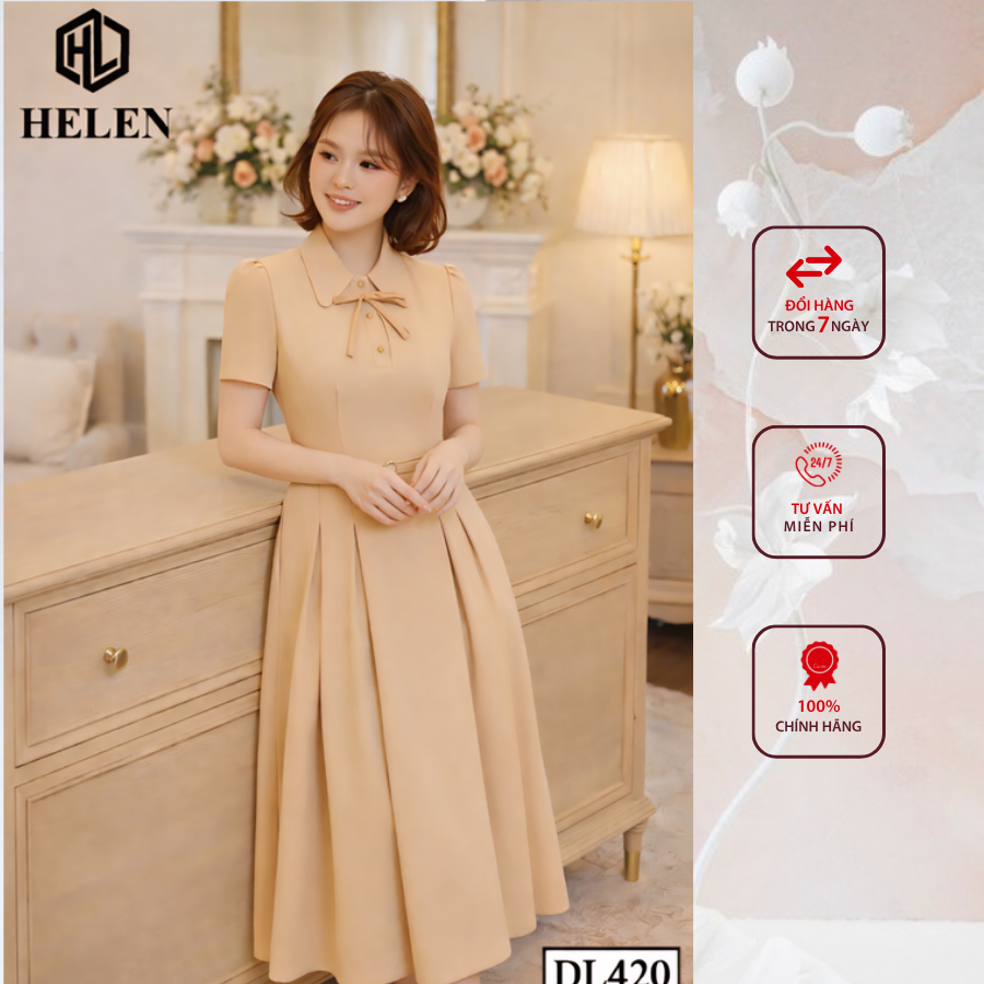 Đầm công sở HELEN thiết kế dáng xòe xòe nâu cổ đức eo đai DL420