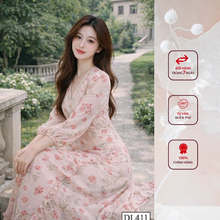 Đầm công sở HELEN thiết kế dáng xòe hồng cổ V DL411