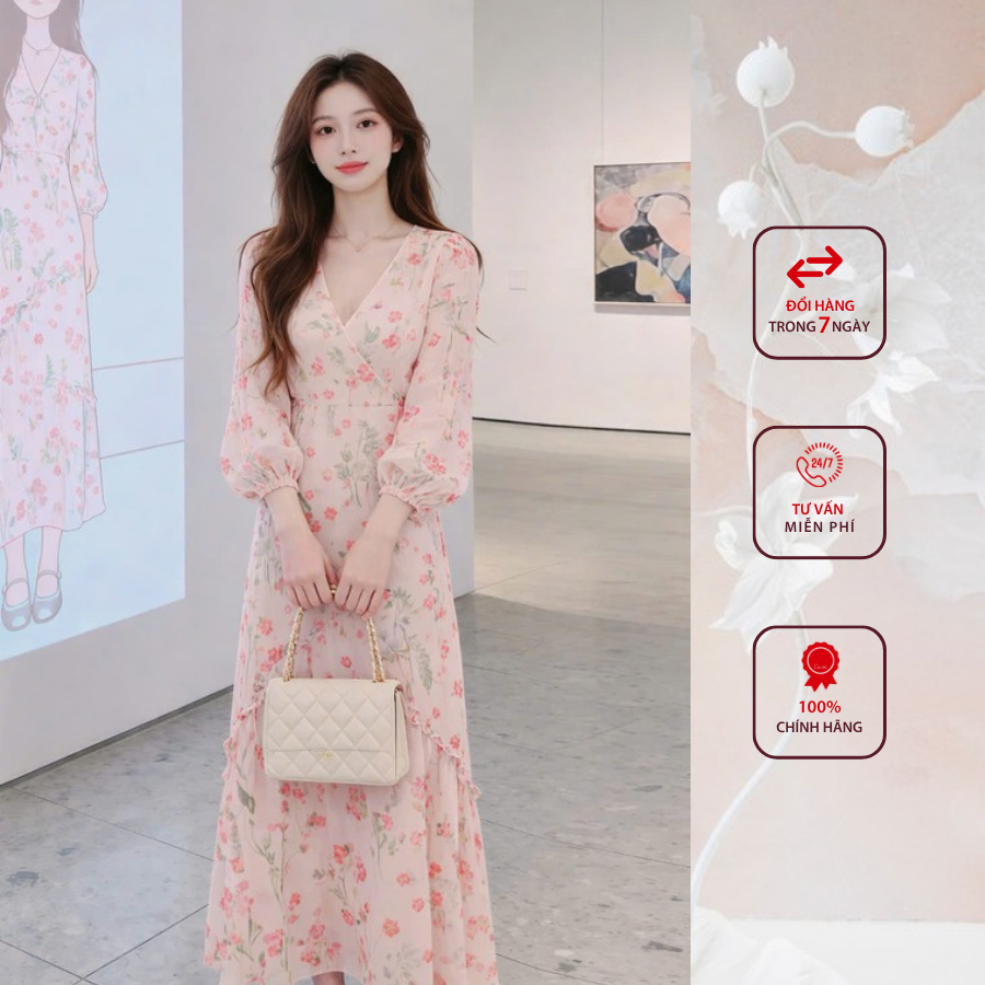 Đầm công sở HELEN thiết kế dáng xòe hồng cổ V DL411