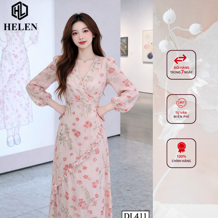 Đầm công sở HELEN thiết kế dáng xòe hồng cổ V DL411