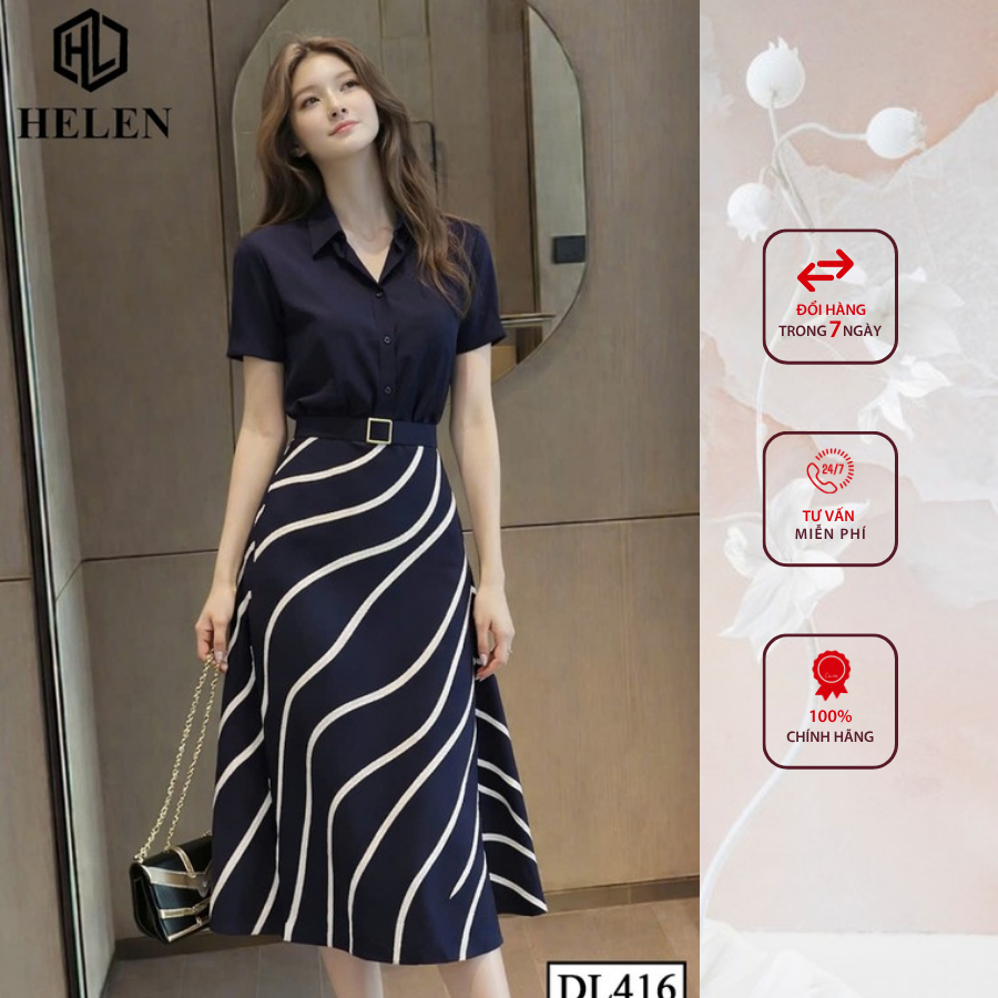 Đầm liền thân công sở HELEN thiết kế dáng xòe xanh cổ đức phối chân họa tiết DL416