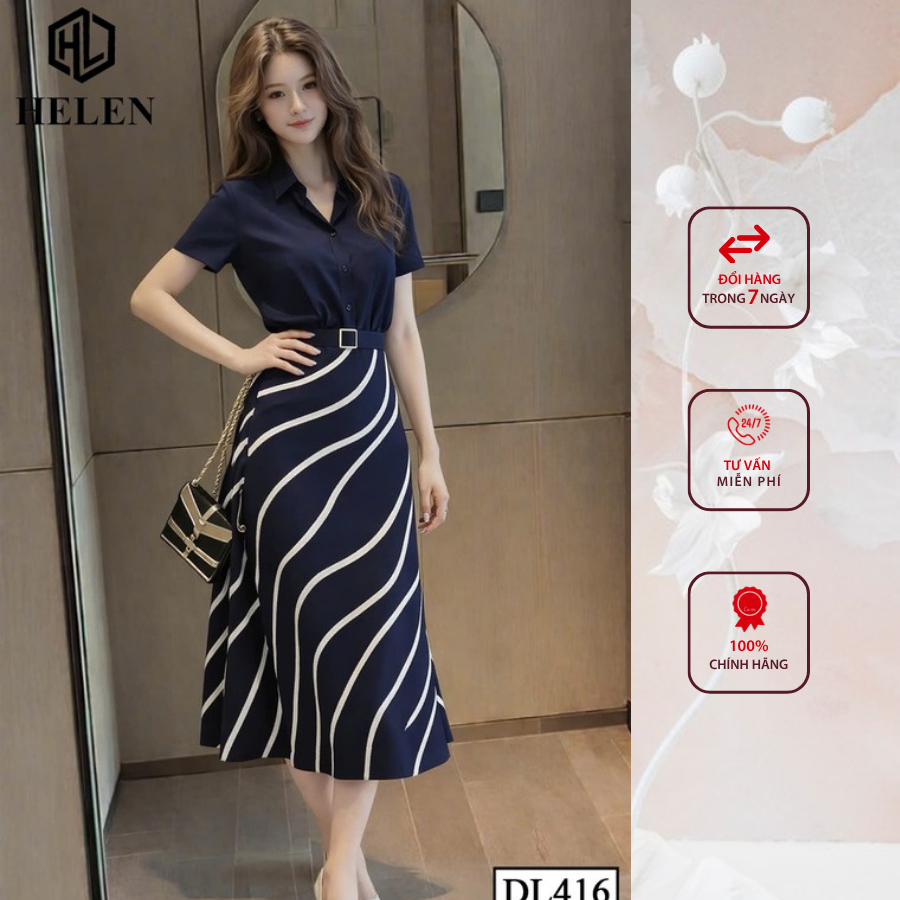Đầm liền thân công sở HELEN thiết kế dáng xòe xanh cổ đức phối chân họa tiết DL416