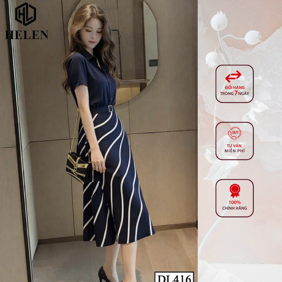 Đầm liền thân công sở HELEN thiết kế dáng xòe xanh cổ đức phối chân họa tiết DL416