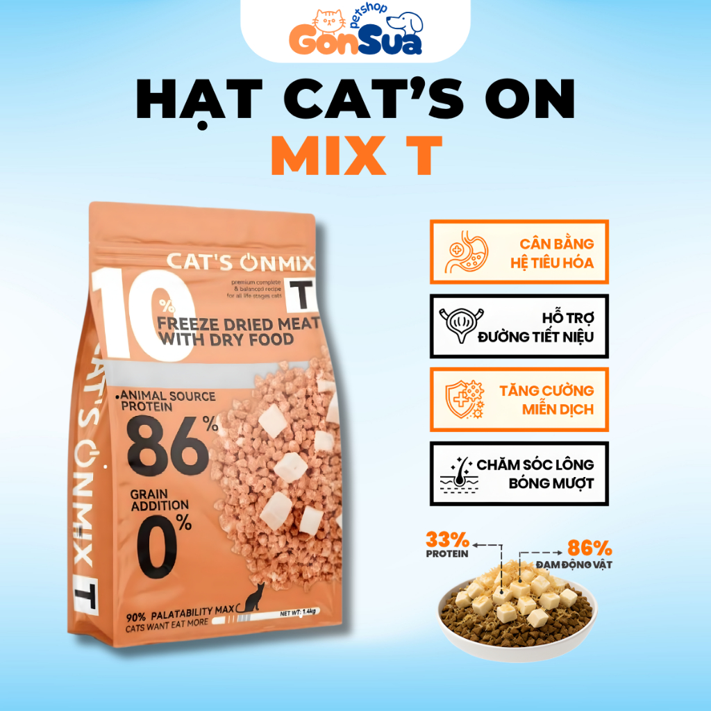 Hạt Cho Mèo CAT'S ON MIX T Có Topping Gà Viên, Tiêu Búi Lông, Không Ngũ Cốc, Cân Bằng Hệ Tiêu Hoá