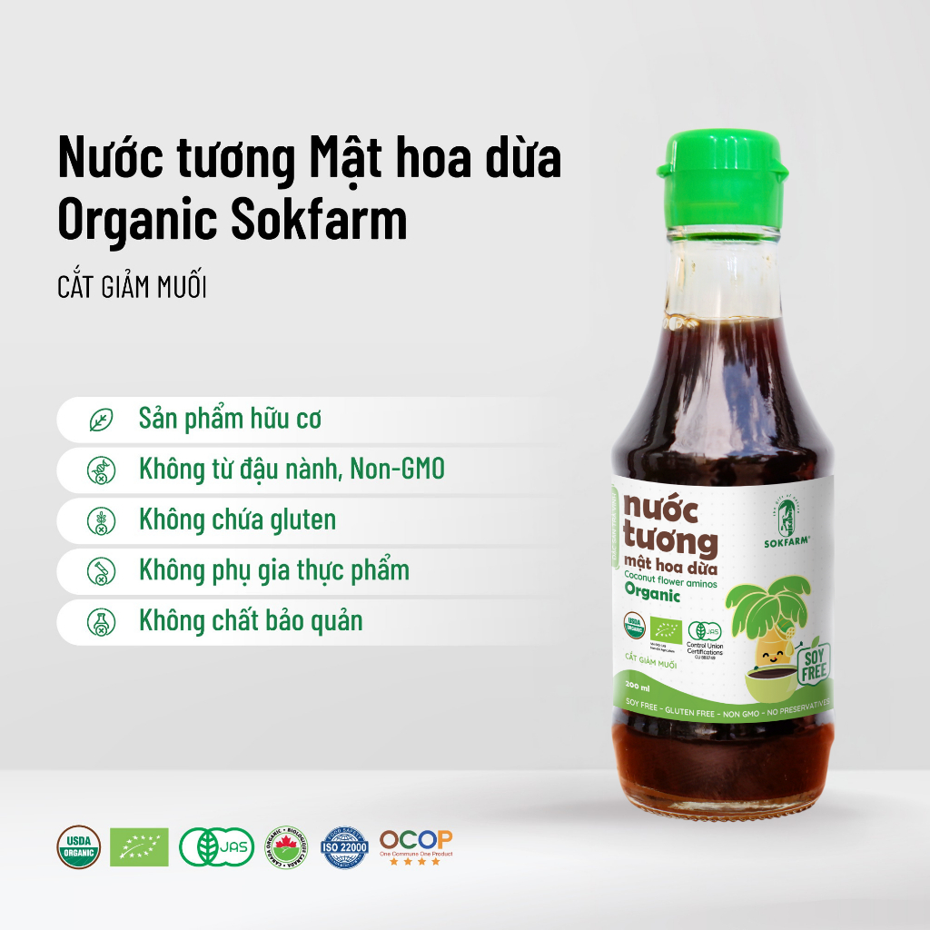 Nước tương mật hoa dừa sokfarm cho bé, nước tương hữu cơ 2 thành phần, ít muối không từ đậu nành