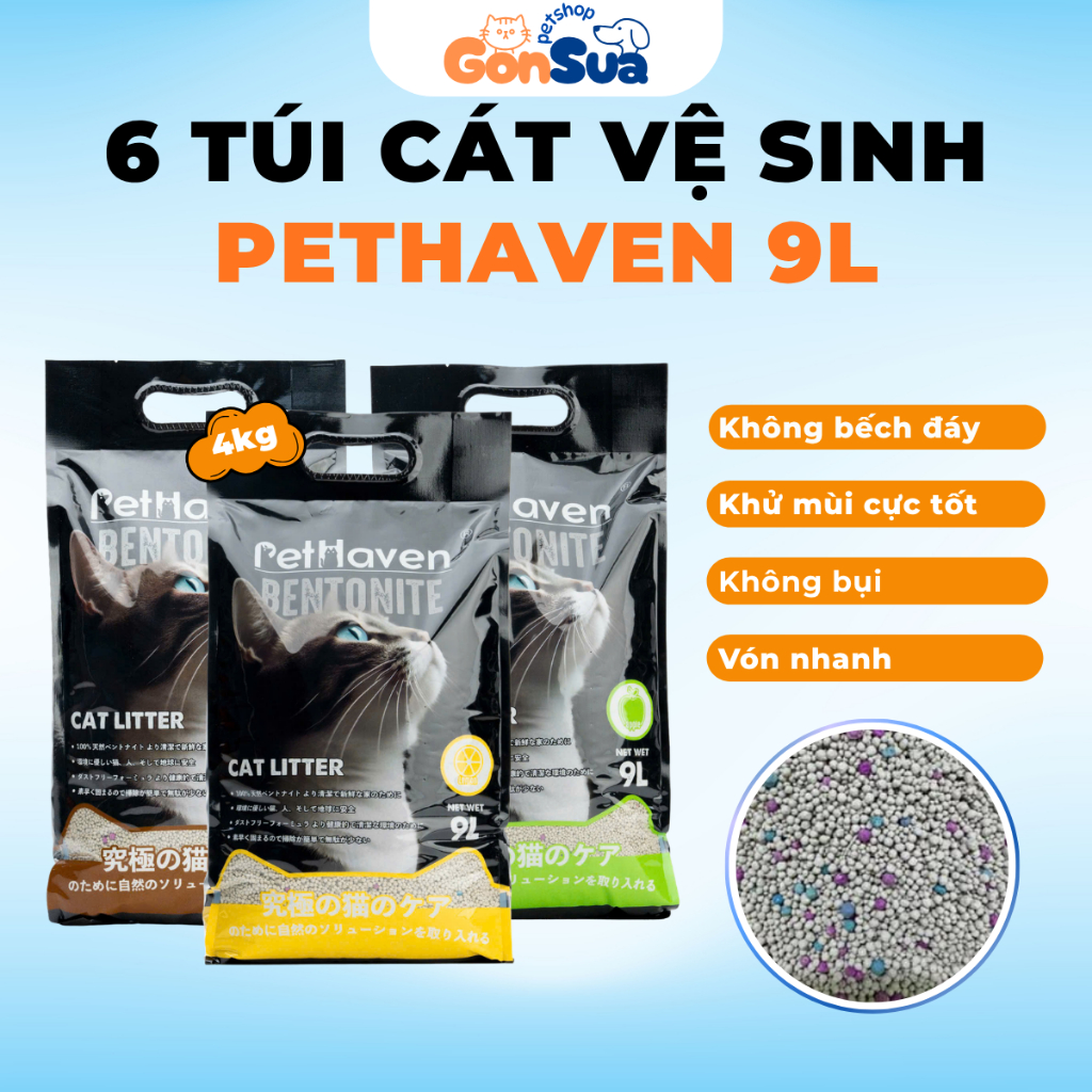 [6 Túi] Cát Vệ Sinh Cho Mèo PetHaven 9L (4kg), Cát Đất Sét Khử Mùi Tốt, Thấm Hút Vón Cục Siêu Nhanh