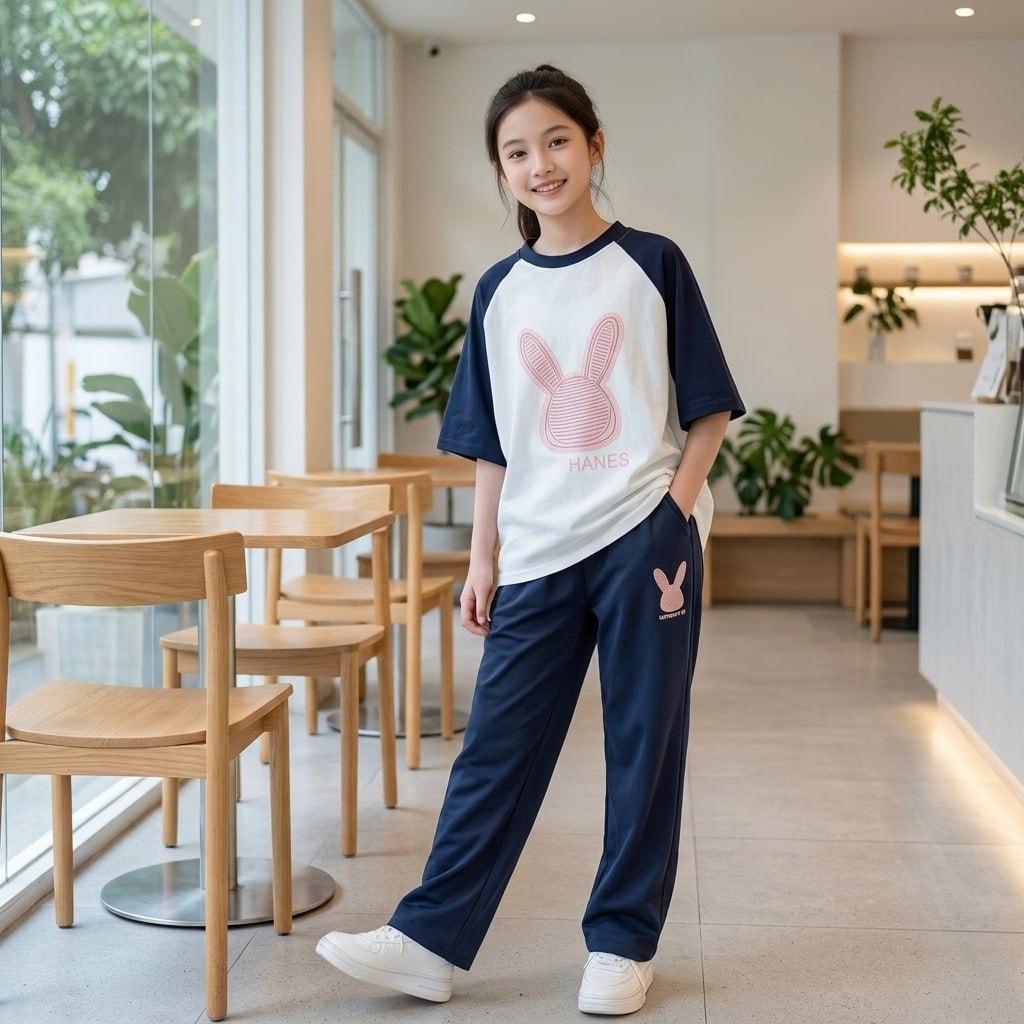 Set quần dài kèm áo tay nối in thỏ cho bé gái size đại BEESHOP H26046