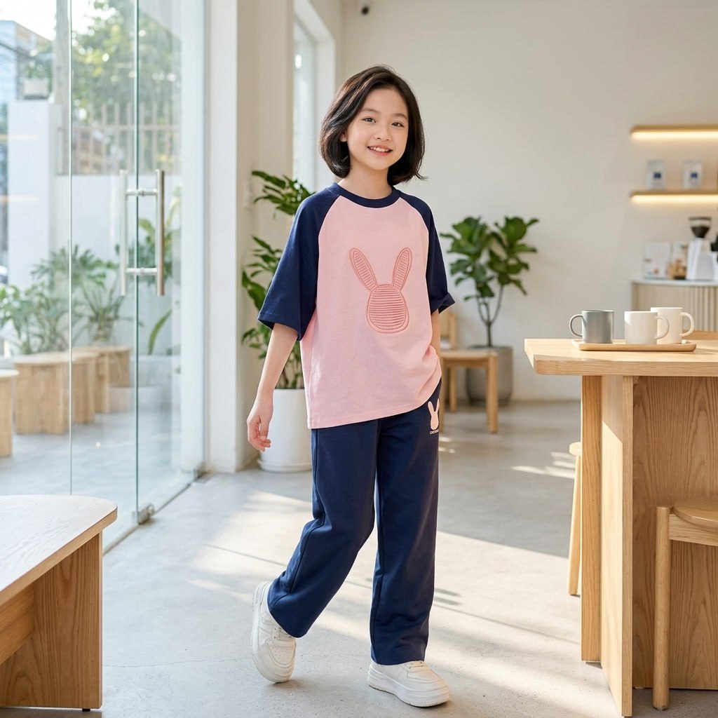 Set quần dài kèm áo tay nối in thỏ cho bé gái size đại BEESHOP H26046