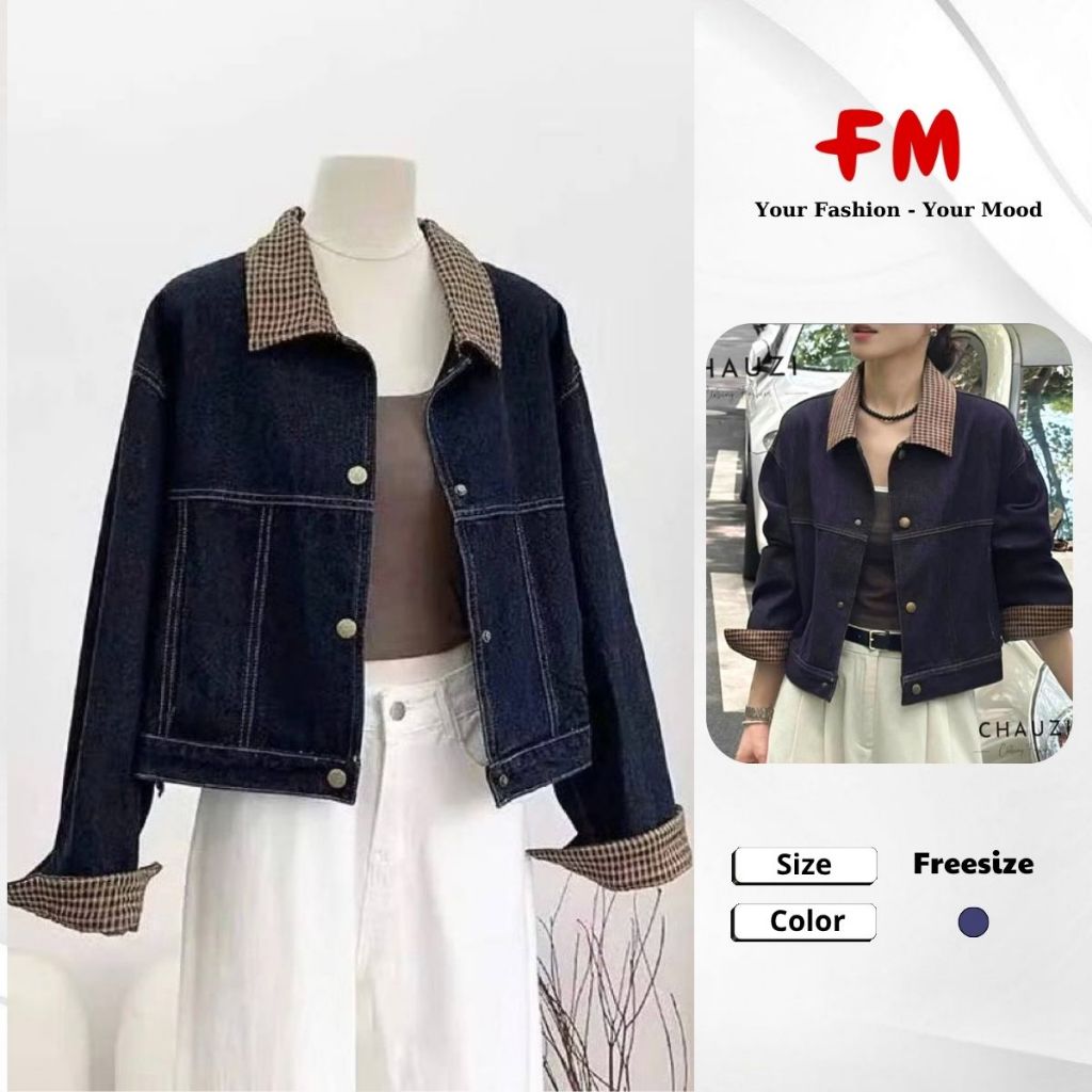 Áo Khoác Jean Nữ FMSTYLE – Form Rộng Oversize, Cổ Bẻ Phối Caro Thời Trang 26040105