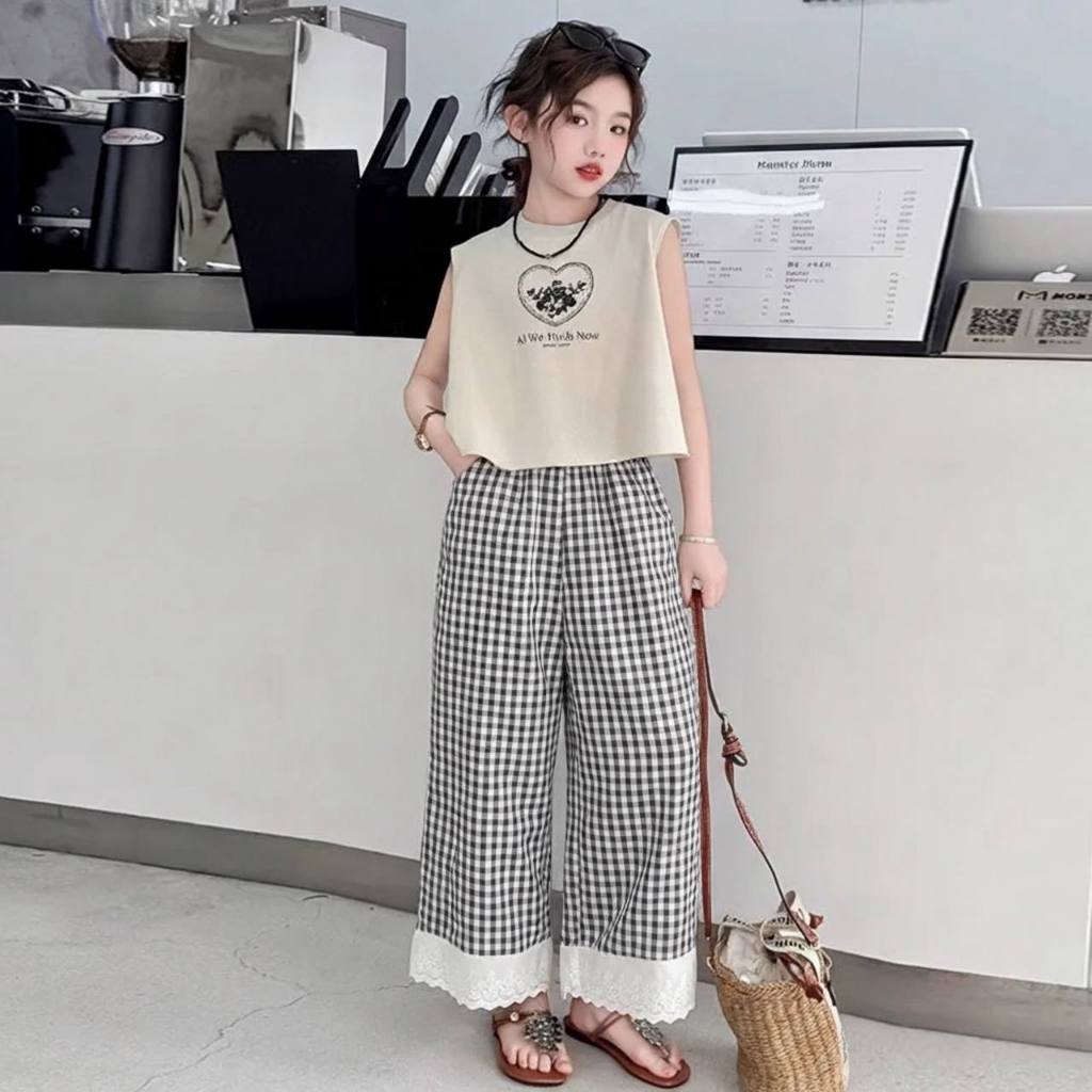 Quần suông kẻ phối ren cho bé gái size đại BEESHOP H26048