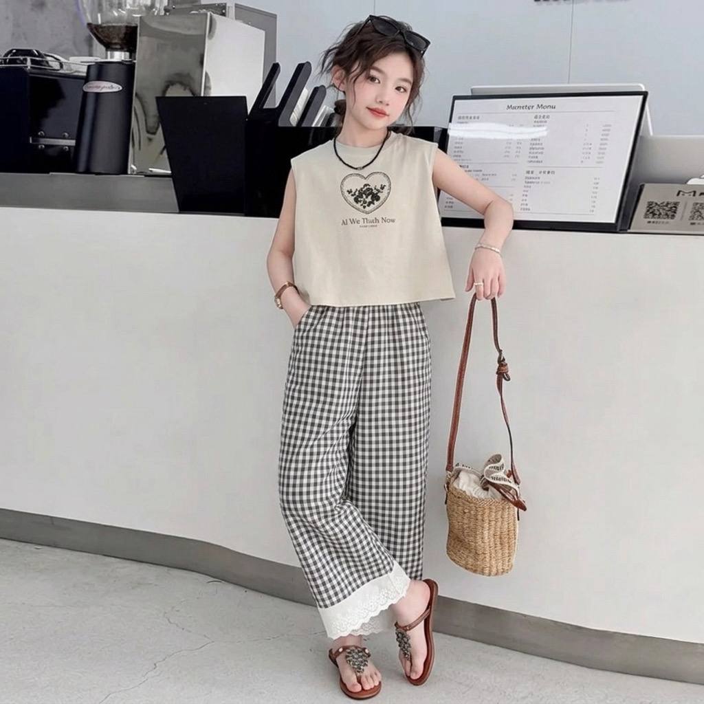 Quần suông kẻ phối ren cho bé gái size đại BEESHOP H26048