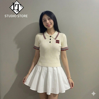 Áo len nữ cổ bẻ chữ thêu tag vuông ngực, len tăm kiểu cộc tay free size 557