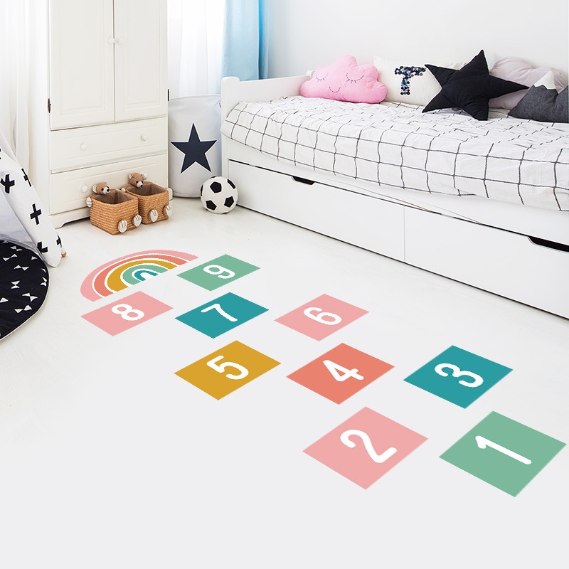 Decal Sàn Nhảy Lò Cò Số - Nhảy Xa - Trò Chơi Vận Động Cho Bé Có Keo Sẵn 165x56cm - Trang Trí Lớp Học
