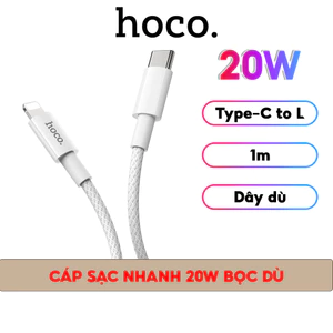 Cáp Sạc Nhanh 20W Chính Hãng Hoco Dùng Cho IP 7-8-X-11-12-13-14-Pro-Plus-Promax- Dây Bện Dù Siêu Bền