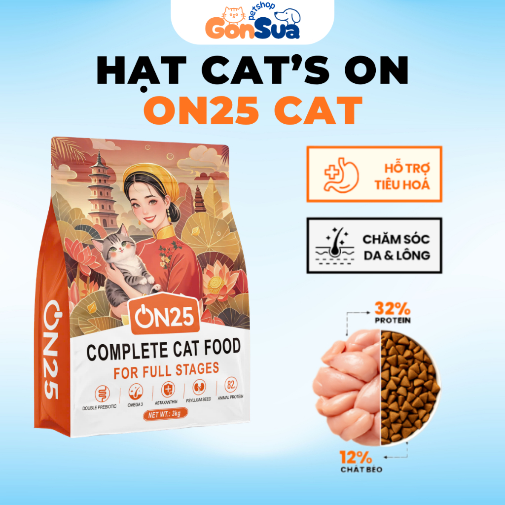 Hạt Cho Mèo ON25 CAT Giúp Sáng Mắt Lông Mượt, Phân Khô, Tiêu Hoá Trơn Tru, Tăng Cường Miễn Dịch
