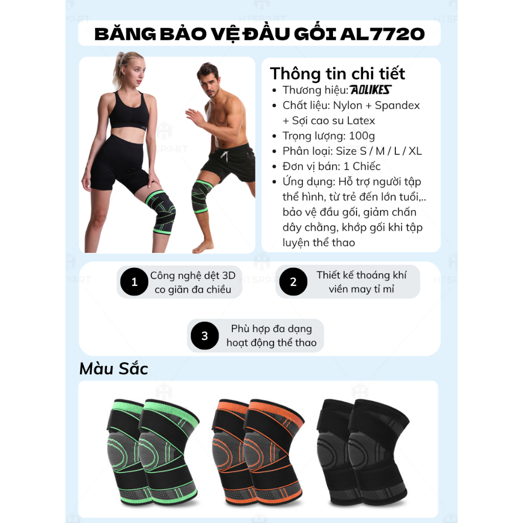 Băng Quấn Bảo Vệ Đầu Gối Có Đai Quấn Aolikes A-7720, Bó Gối Thể Thao Nam Nữ Tập Gym Chạy Bộ Bóng Đá (1 Chiếc)